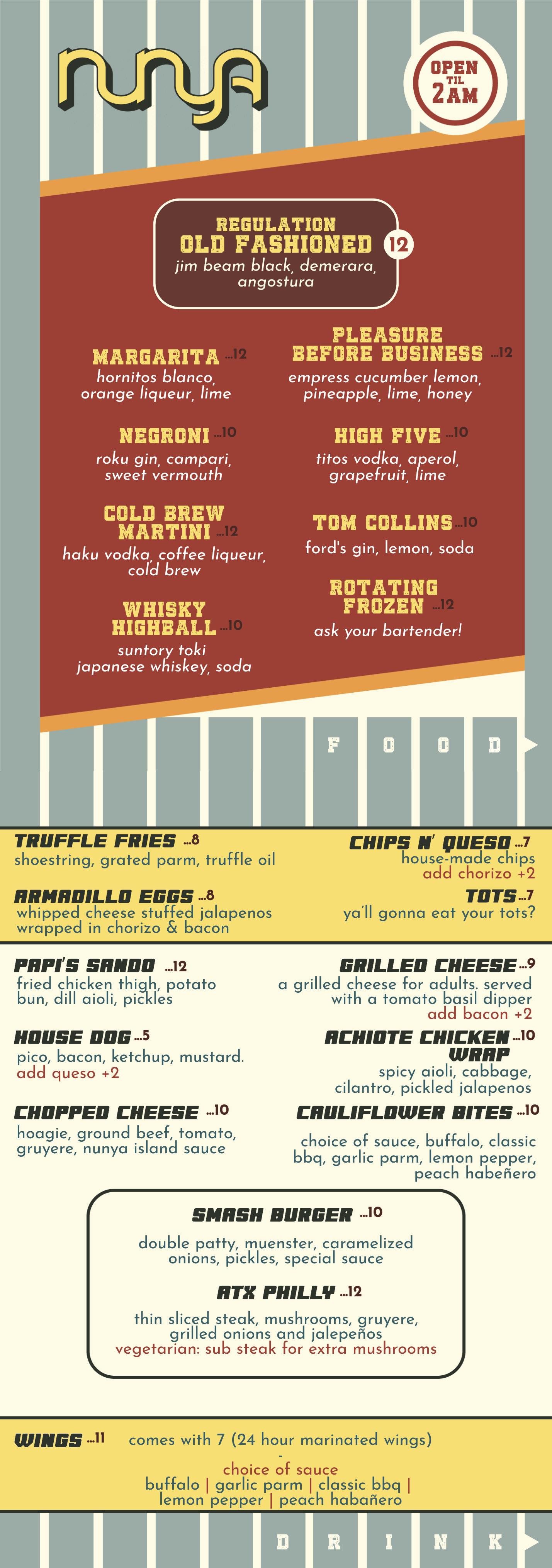 Nunya Bar Food and Drink Menu